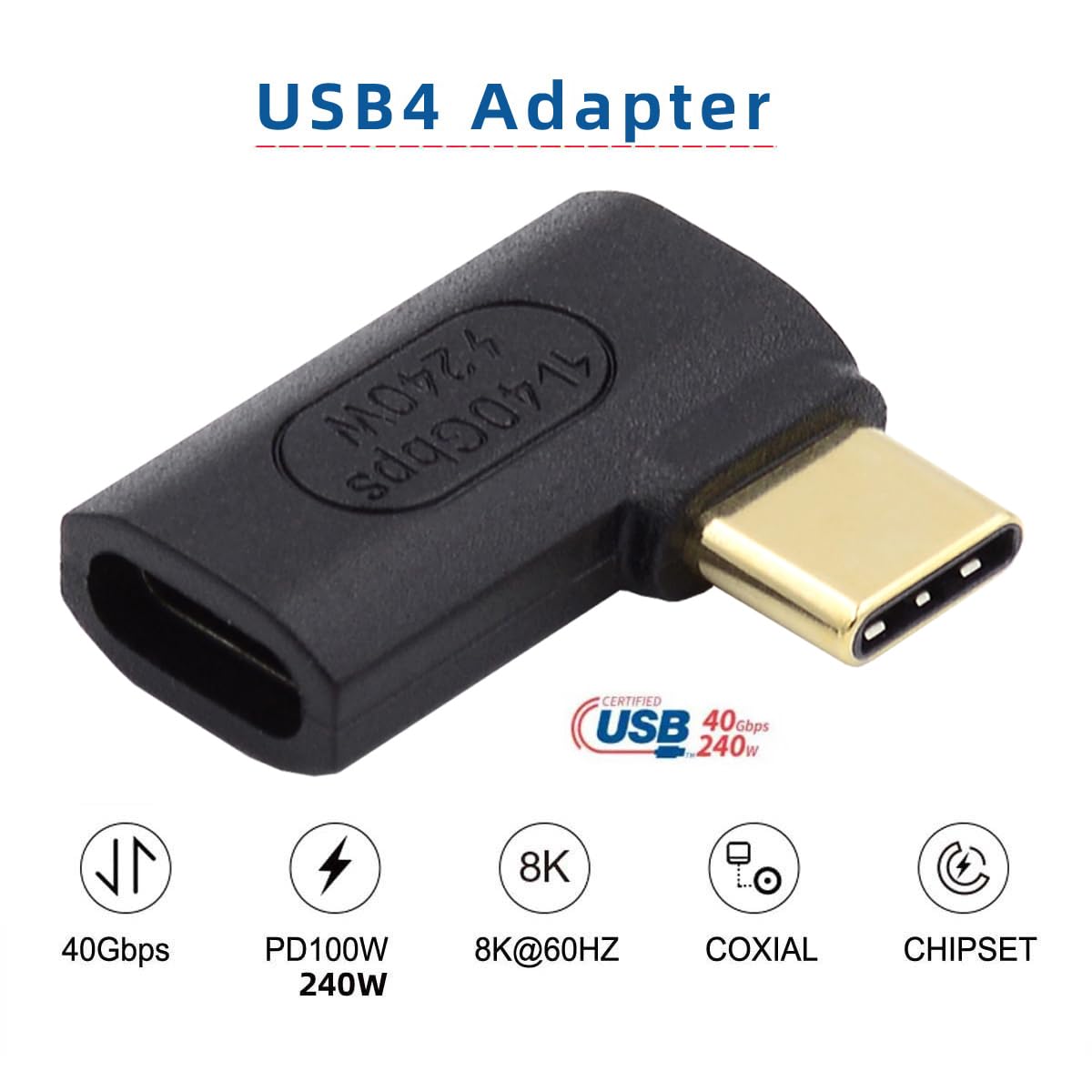 USB4 Typ-C Kabel 240 W – 40 Gbit/s, 8K Video, U-förmig Abgewinkelt, 13 Cm