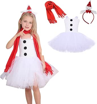 Muñeco de nieve para niñas con bufanda diadema, vestido de tutú blanco de Navidad, ropa de Muñeco de nieve para niñas con bufanda diadema, vestido de tutú blanco de Navidad, ropa de