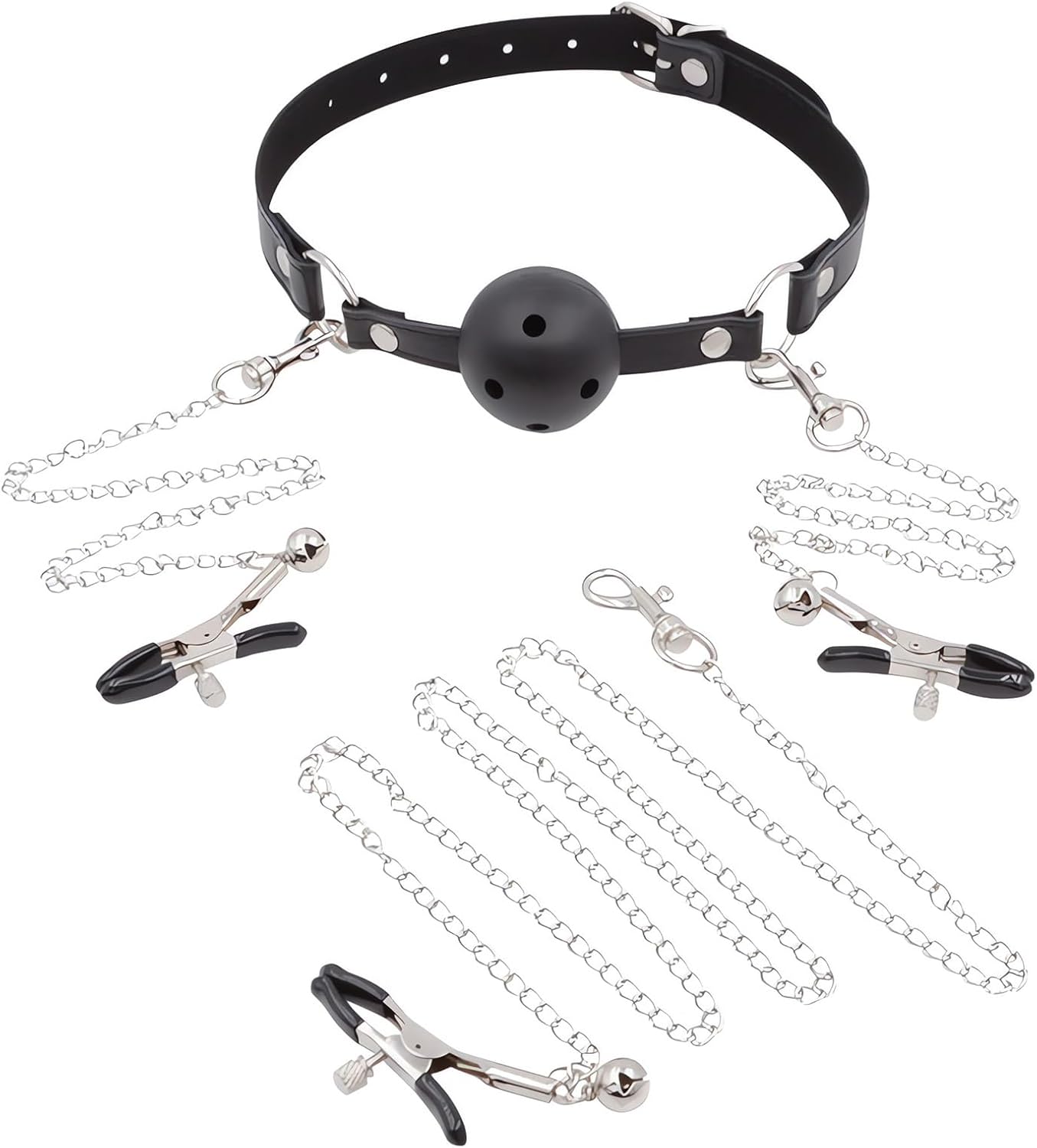 Sexbaby Breathable Ball Gag with Nipple Clamps Adjustable Metal Clitoris Clips BDSM Restraints Bondage Mouth Gags Sex Toys for Women Men and Couples