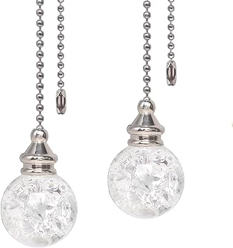 2PCS White Pull Chains Crystal Glass Ice Cracked Ball Pull Chain for Ceiling Fan Light Decoration 50cm Extension Chain