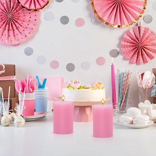 Miniatura 5 de Paquete de 6 velas de pilar rosas de 2.75 x 4 pulgadas, velas cilíndricas sin perfume de cera cilíndrica para mesa del hogar, vacaciones, fiesta,