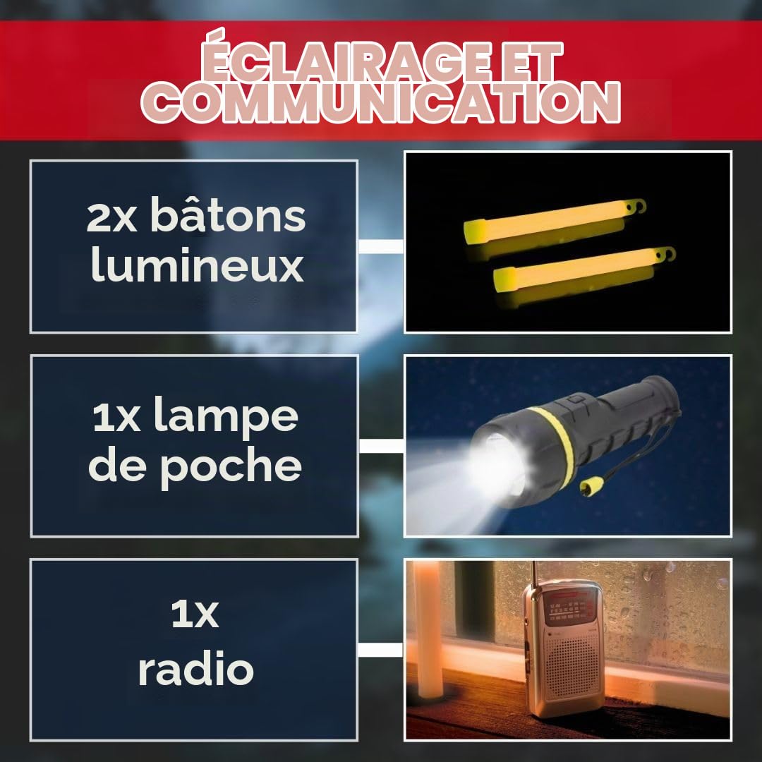 Emergency Zone The Essentials Deluxe Kit de Survie de 72 Heures, préparez votre famille pour les ouragans, tremblements de terre, inondations, disponible en 2 et 4 personnes, rouge ou noir