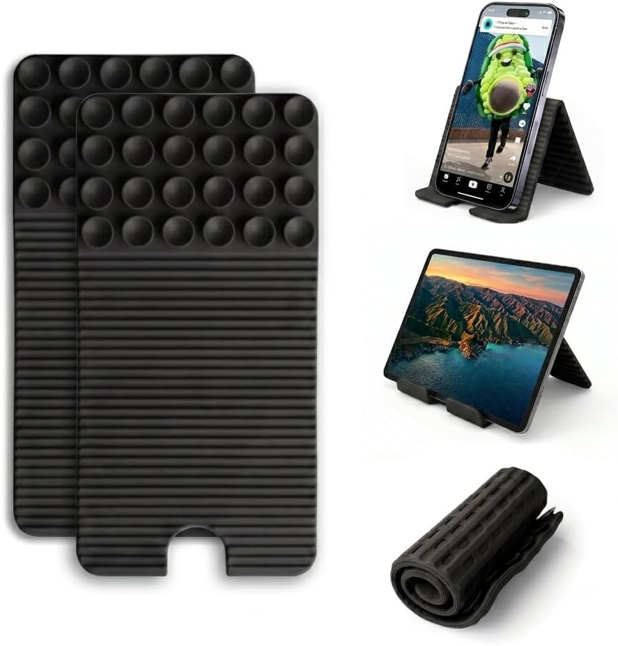Flexible Silicone Phone Stand with Suction Cups & Charging Port Cutout, Foldable Handheld Camera Grip Holder for All Smartphones, Black 1 Pack