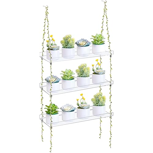 Sumerflos Acrylic Window Boxes Window Plant Shelves 3 Tier - Clear Hanging Shelf Indoor Jute Twine Adjustable Plant Holder for Window Wall Living Room Balcony Natural