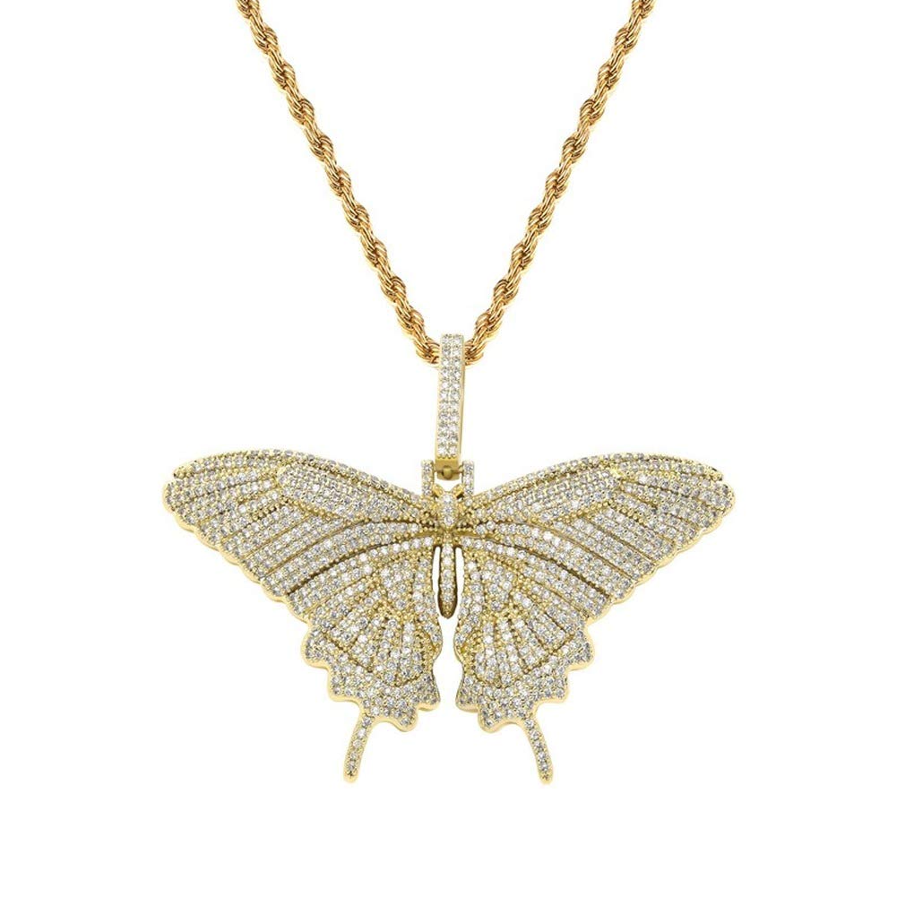 KMASAL 18K Gold Plated Bling CZ Simulated Diamond Iced Out Butterfly Pendent Necklace Hip Hop Chain for Men Charm Gifts