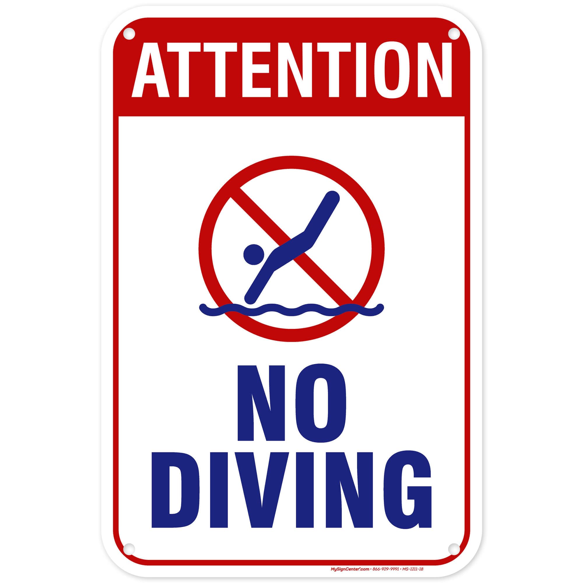 Attention No Diving Sign, 12x18 Inches, 55 mil thick HDPE (high density polyethylene), Made in USA by My Sign Center