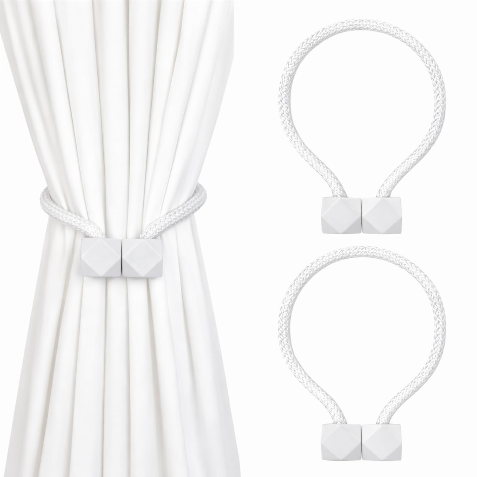 AropaeenGlowry 2 Pcs Magnetic Curtain Tie Backs, Modern Simple Style Drape Holdbacks, Magnetic Curtain Buckle Clips for Home Hotel Office Window Drapery Decoration (White)