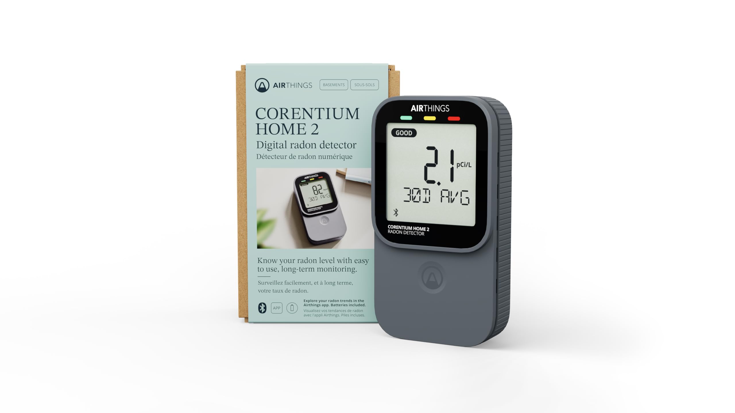 Corentium Home 2 Airthings - Détecteur de Radon numérique Intelligent - Portable et Facile à Utiliser avec connectivité Bluetooth et capteurs d'humidité et de température