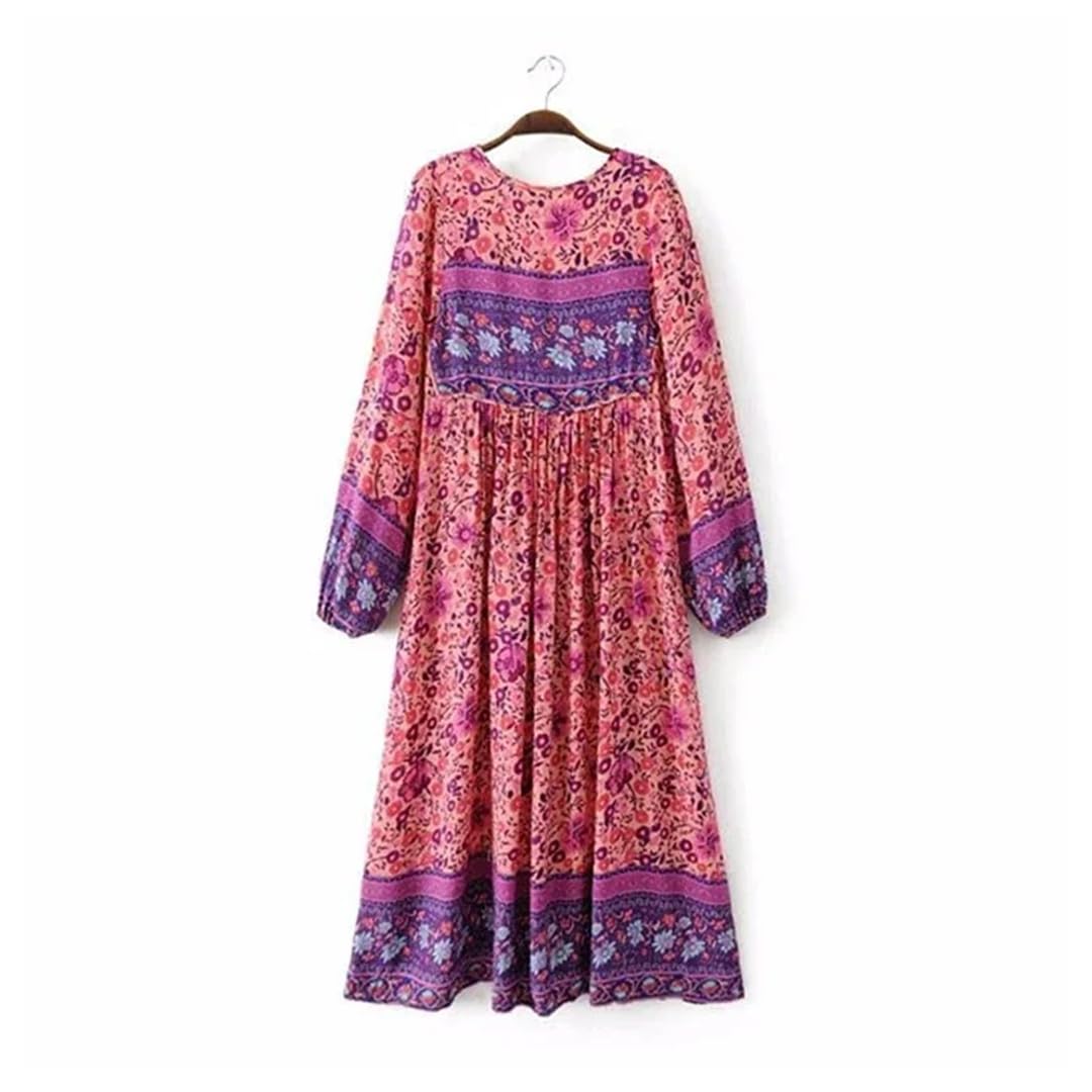 Vestido largo midi de rayón bohemio con estampado floral y cuello en V y manga larga con borlas para mujer