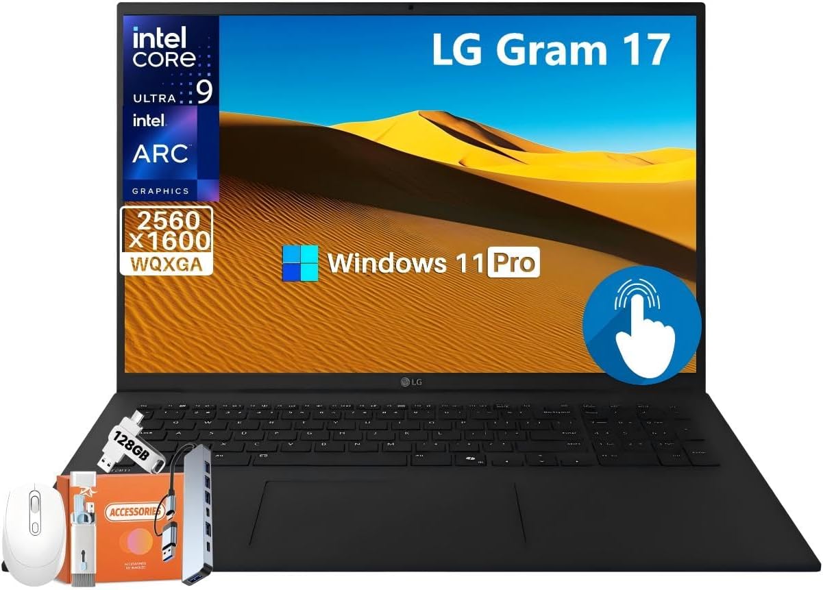LG gram 17" Professional Touch Laptop - Intel Evo Edition with Core Ultra 9 Series 2, 32 GB RAM, 2 TB SSD, 17" WQXGA Touchscreen, AI Copilot+ PC, Up to 23.5-Hour Battery, Wi-Fi 7, Windows 11 Pro