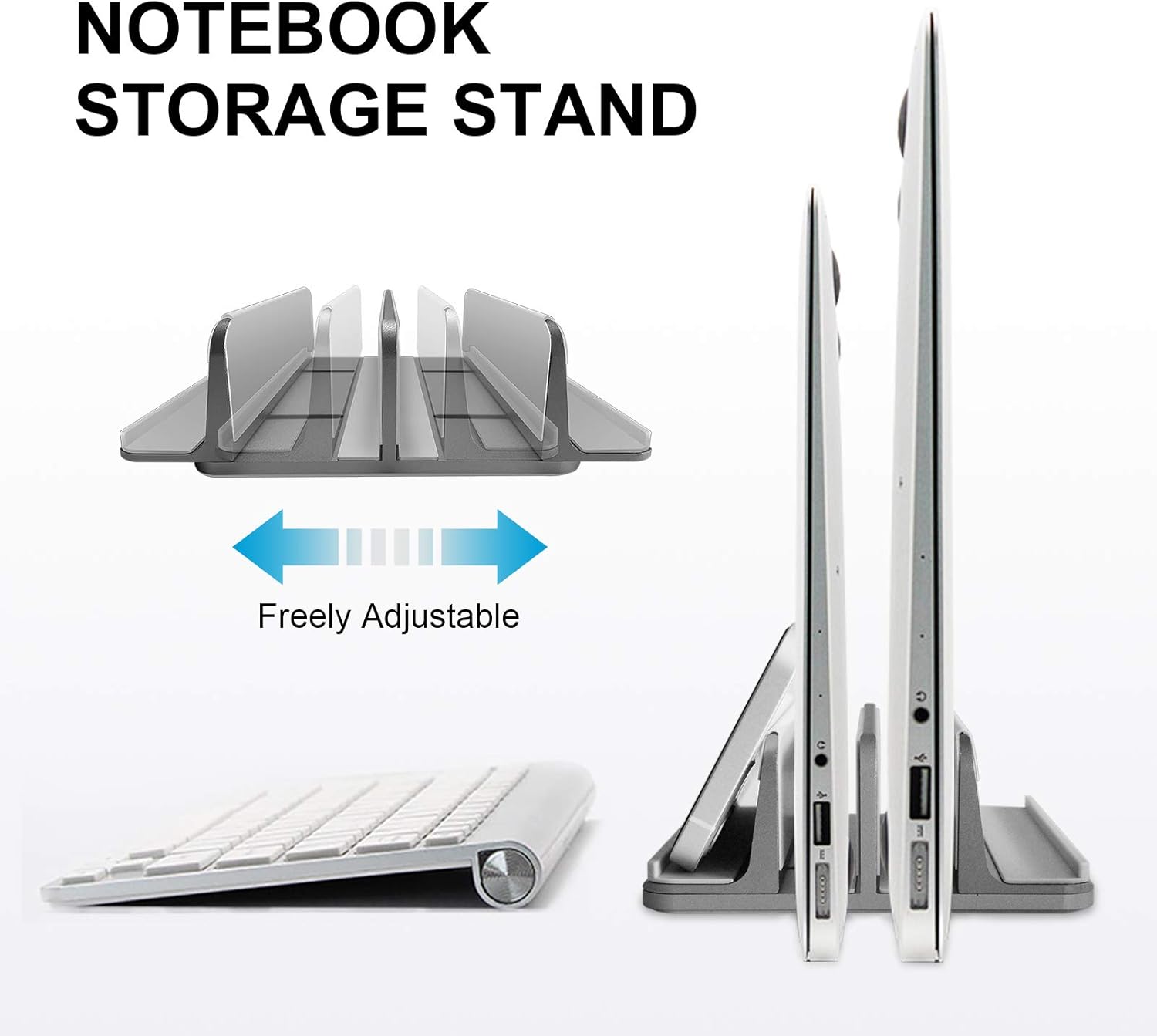 Vertical Laptop Stand Aluminum Heavy Duty, 4 Slots Double Adjustable MacBook Stands Laptop Holder Compatible w' All iPad Surface Dell Samsung HP Chromebook Upto 17.5' - Gray