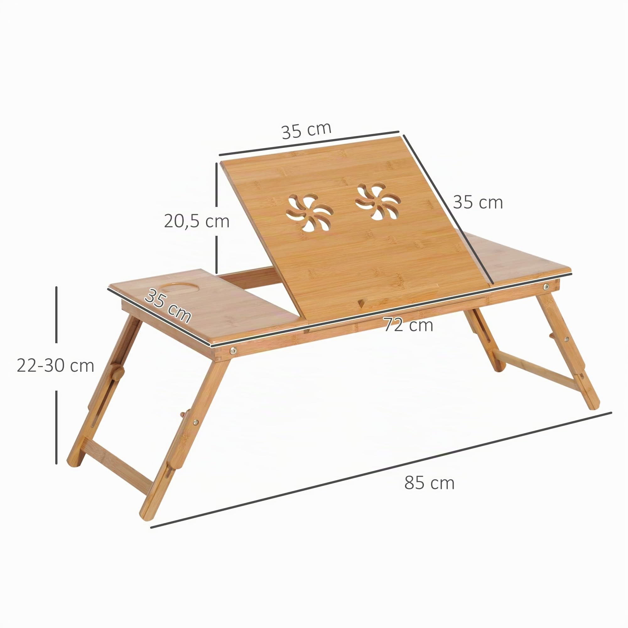 HOMCOM Mesa Plegable Bambú para Cama y Sofá Altura Ajustable 72x35x22-30cm | Bandeja de Cama Desayuno, Reclinable, Altura Ajustable, Soporte Escritorio de Regazo