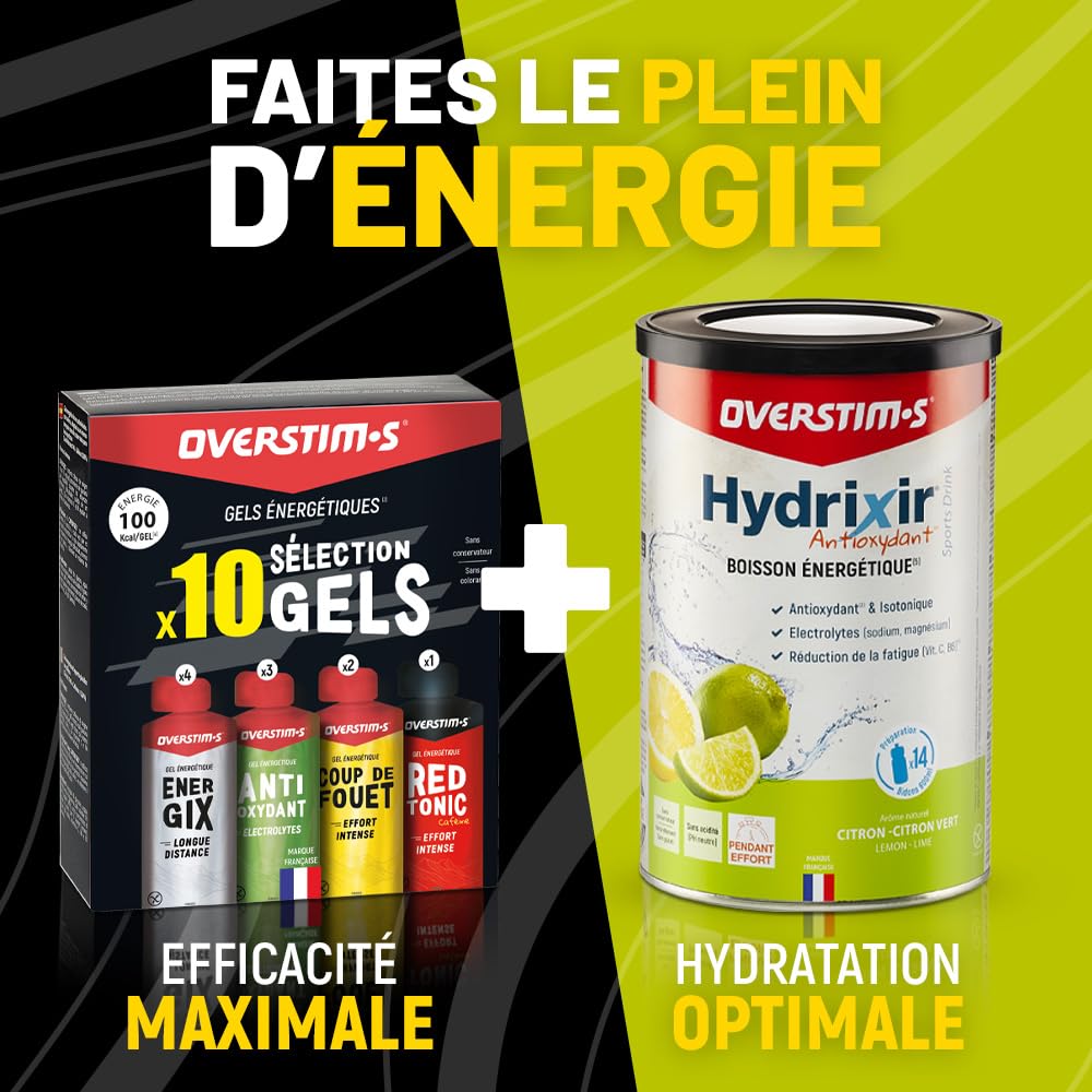 Overstim.s – Pack 10 gels - 4 gels Energix (Energie longue distance) - 3 gels Antioxydants (Limite les crampes) - 2 gels Coup de fouet (Energie instantanée) - 1 gel Red tonic (Efforts intenses)