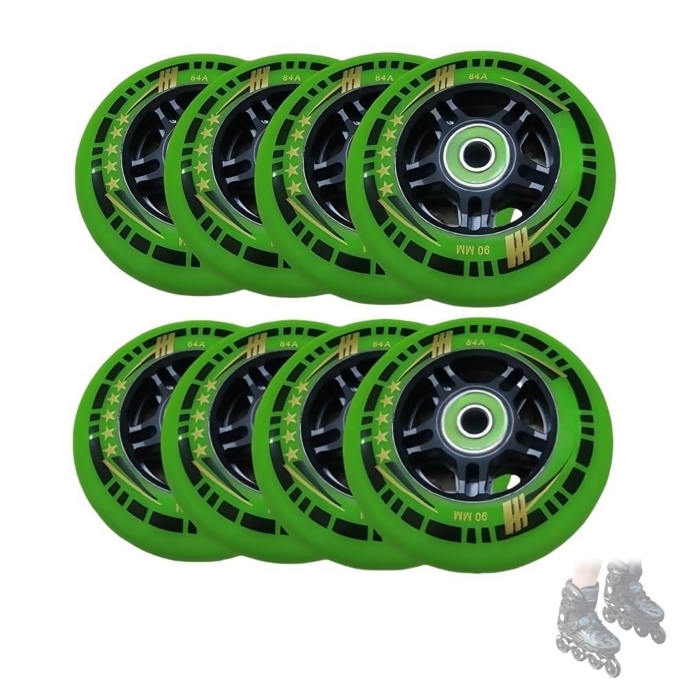 Mit Lagern Inline Skate Räder 84A Rollschuhrollen PU Material Leise, langlebig,Sanftes Gleiten 90 MM 8Er Pack Geeignet für Asphalt und Beton(Grün)