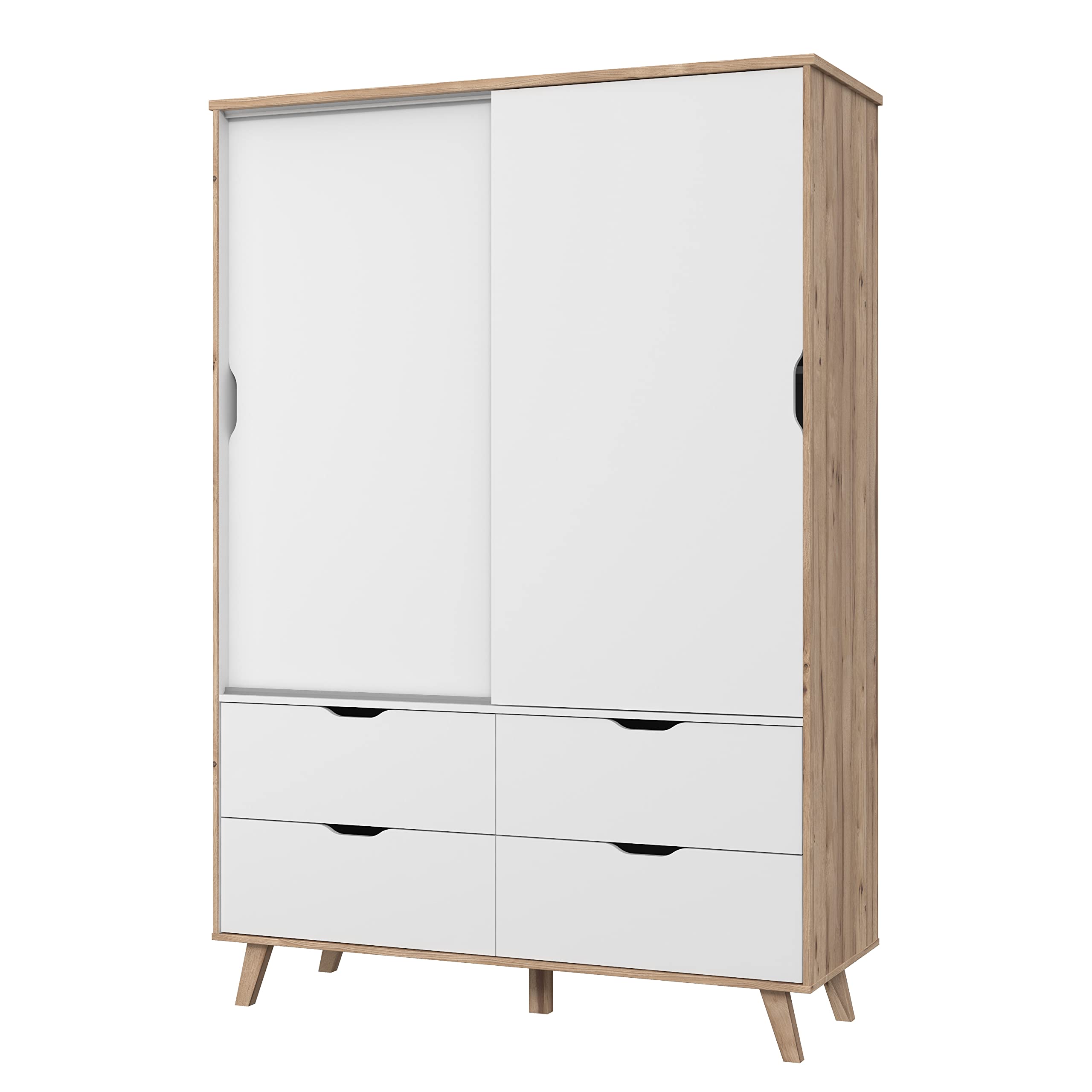 FORTE VANKKA Schrank 140 Kleiderschrank Schiebetüren Skandinavischer Stil 2-türig mit 4 Schubladen Schlaf- oder Kinderzimmer Holzdekor: Eiche mit Weiß 139 cm breit x 201.5 cm hoch x 53 cm tief