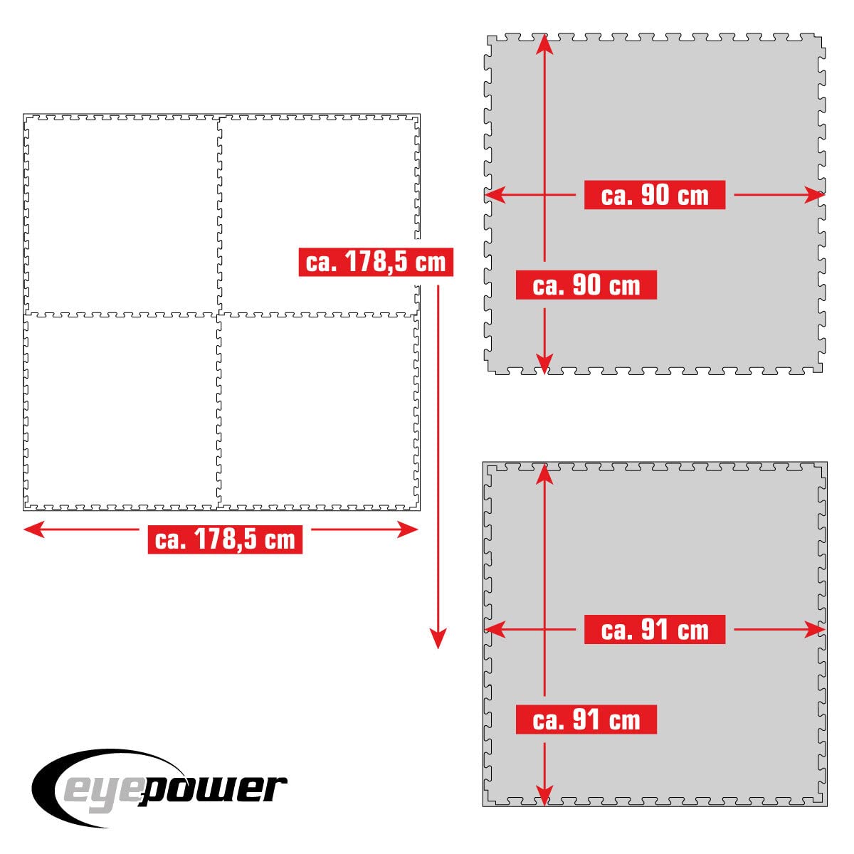 EYEPOWER Profi Fitnessmatte Dicke 2cm versch. Sets - 90x90 Trainingsmatte mit Rand- Bodenschutzmatte für Fitnessgeräte - Gewichte Hantel Kraftstation Laufband Rudergerät Fahrrad Ergometer Crosstrainer