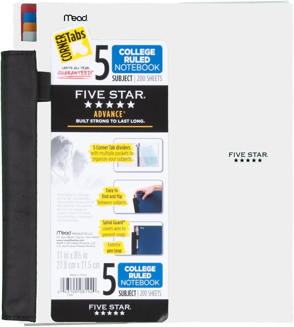 Five Star Advance Spiral Notebook, 5 Subject, College Ruled Paper, 200 Sheets, 11" x 8-1/2" Sheet Size, White (72484)