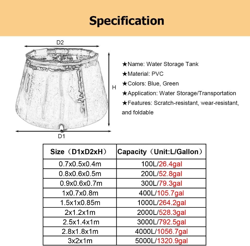 26-1320.9 Gal Folding Emergency Water Bladder Soft Bag with Lid, Portable Collapsible Water Bladder Containers Tank Barrel(Green,0.8x0.6x0.5m/200L/52.8gal)
