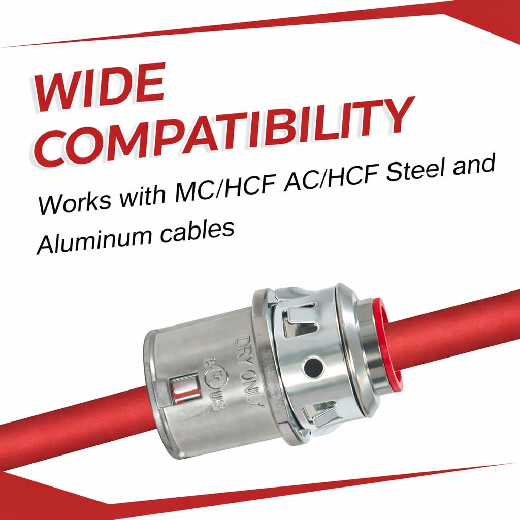 Confezione da 25 connettori per cavi MC da 3/8", connettori per condotti elettrici a scatto, raccordi a scatto da 1/2" per cavi corazzati in acciaio e alluminio