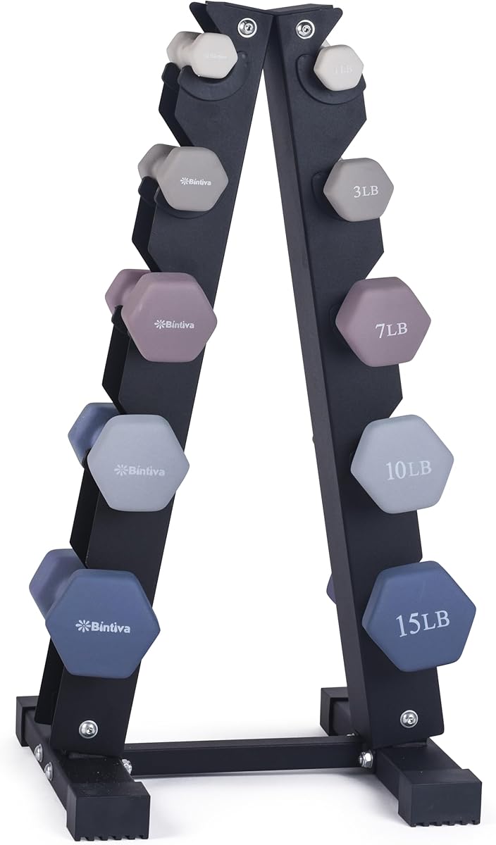 Dumbbell Set with Rack - Neoprene Coated Weights - Hex Color Coded Dumbell Pairs 1-20 LBs