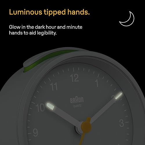 Miniatura 4 de Braun Reloj despertador analógico clásico con repetición y luz, movimiento de cuarzo silencioso, alarma de pitido Crescendo en gris, modelo BC12G.
