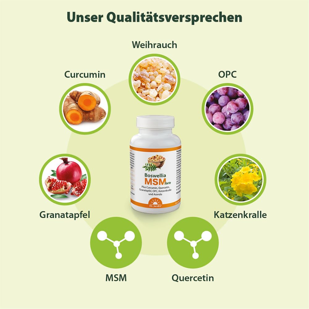 Boswellia MSM forte I Weihrauch, MSM (organischer Schwefel), Katzenkralle, Curcumin, OPC, Quercetin, Granatapfel I für Immunsystem¹, Schleimhäute und Darm² I 90 Tabletten, 30 Portionen I vegan