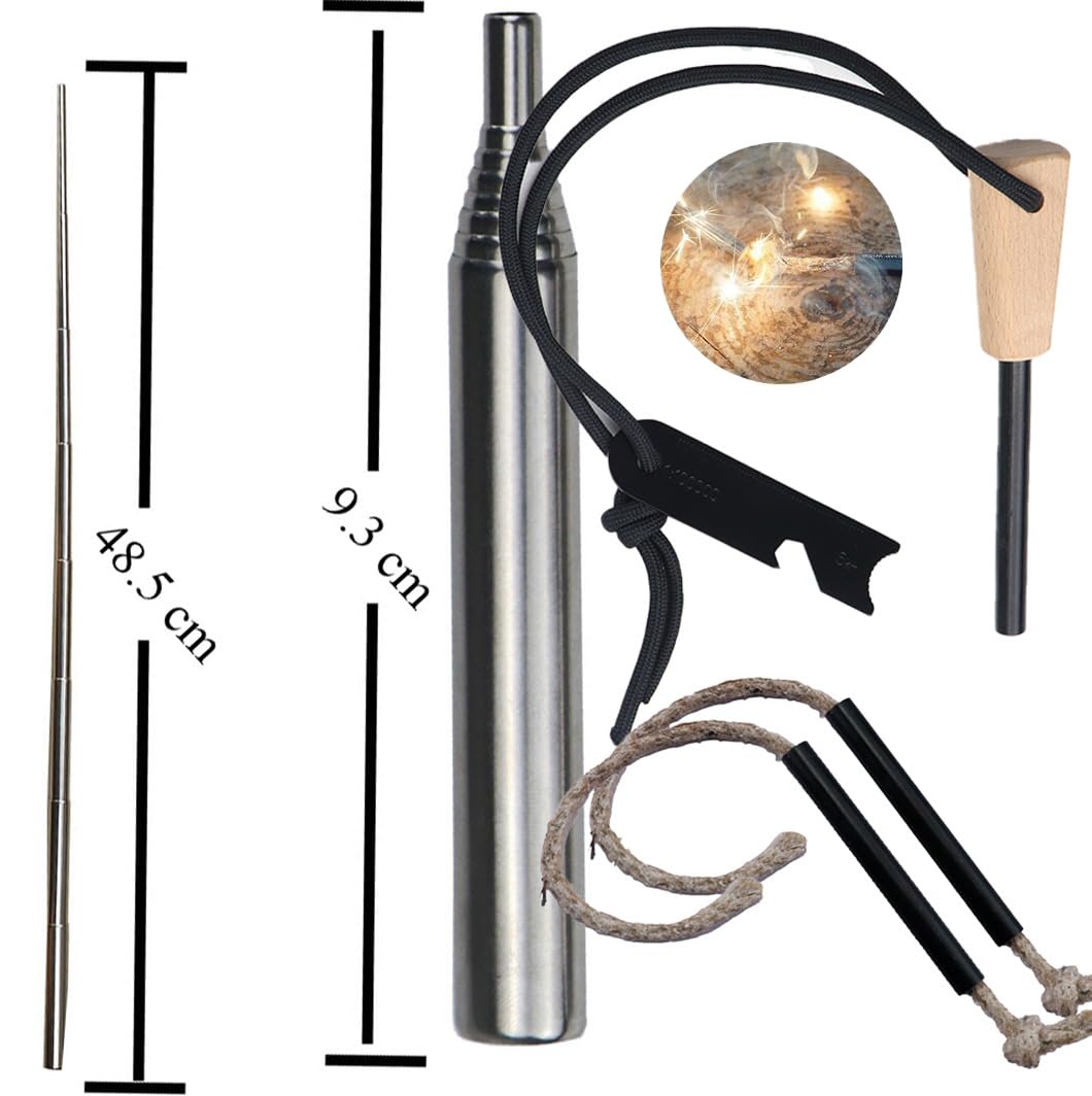 Fire Starting Survival Tool, Flint and Steel Survival Igniter with Cord, Iron Rod Kit for Camping and Emergencies (Dos Palos de Piedra de Fuego)