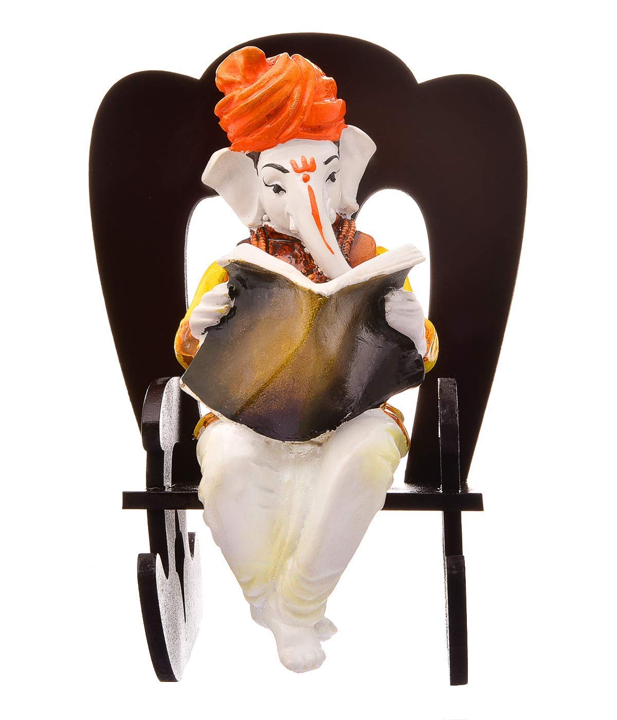 Lord Ganesha Reading Ramayana Statue/Ganesha Reading Book on Wooden Chair Showpiece/Hindu God Ganesh Ganpati Sitting on Chair Idol Sculpture Home Office