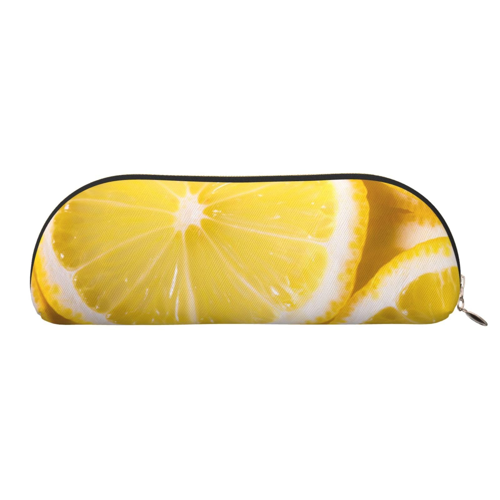 QGGHNISD Yellow Lemon Half Round Organiser - Compact and Portable Leather Cosmetic Bag with Metal Zip Pen Pouch, Suitable for Students Or Office Use