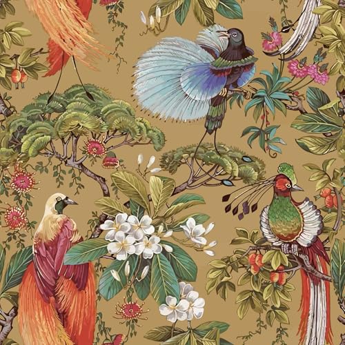 VEELIKE Papier Peint Oiseaux Jaune Ocre Oriental Papier Peint Fleuri Jaune Ocre Chinoiserie 44,5 cm...