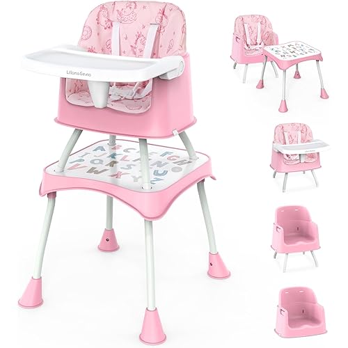Lilian&Gema 6 in 1 Baby High Chair, Convertible Highchair for Babies and Toddlers, Table and Chair Set, with Safety Harness, Removable Tray