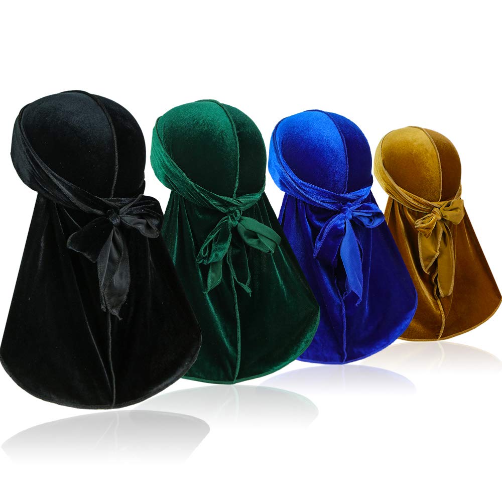 Samserot4 Pieces Velvet Men Durags – Premium Soft Durag Headwraps with Extra Long Tail and Wide Straps Perfect for 360 Waves