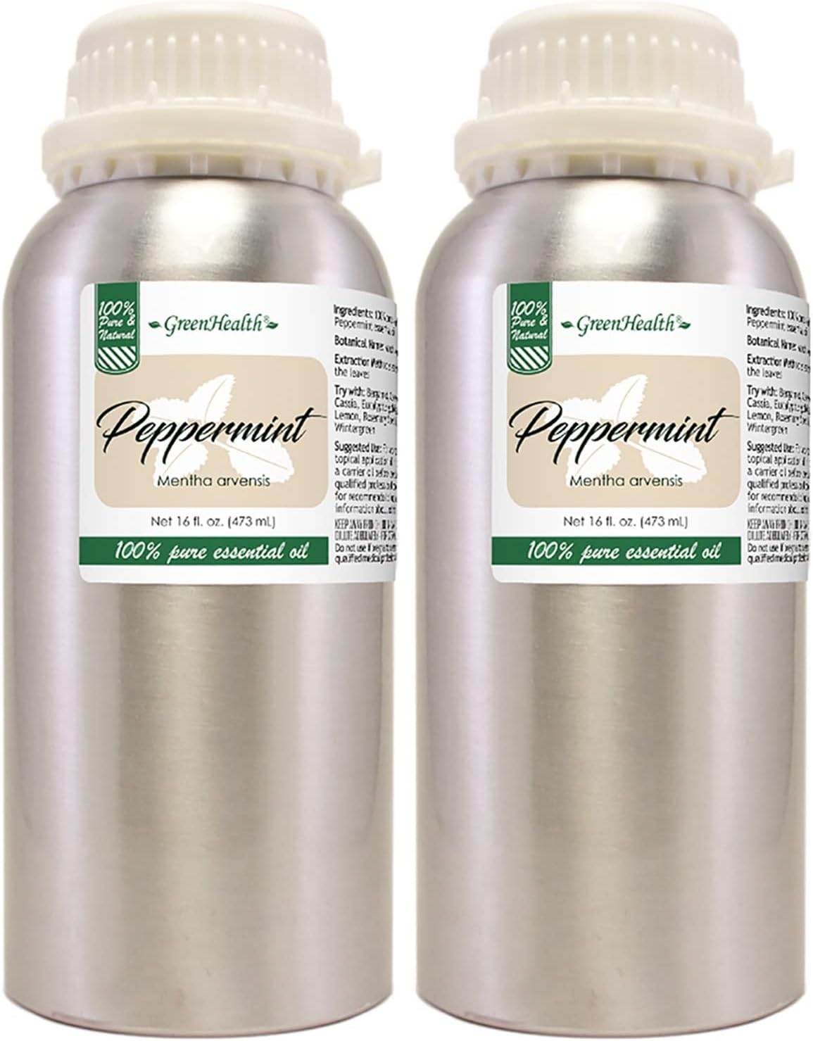 Peppermint Essential Oil – 2 Pack (16 fl oz Each) – 100% Pure & Uncut – Strong Menthol Scent – Aluminum Bottles for Diffusers, Cleaning, DIY Use