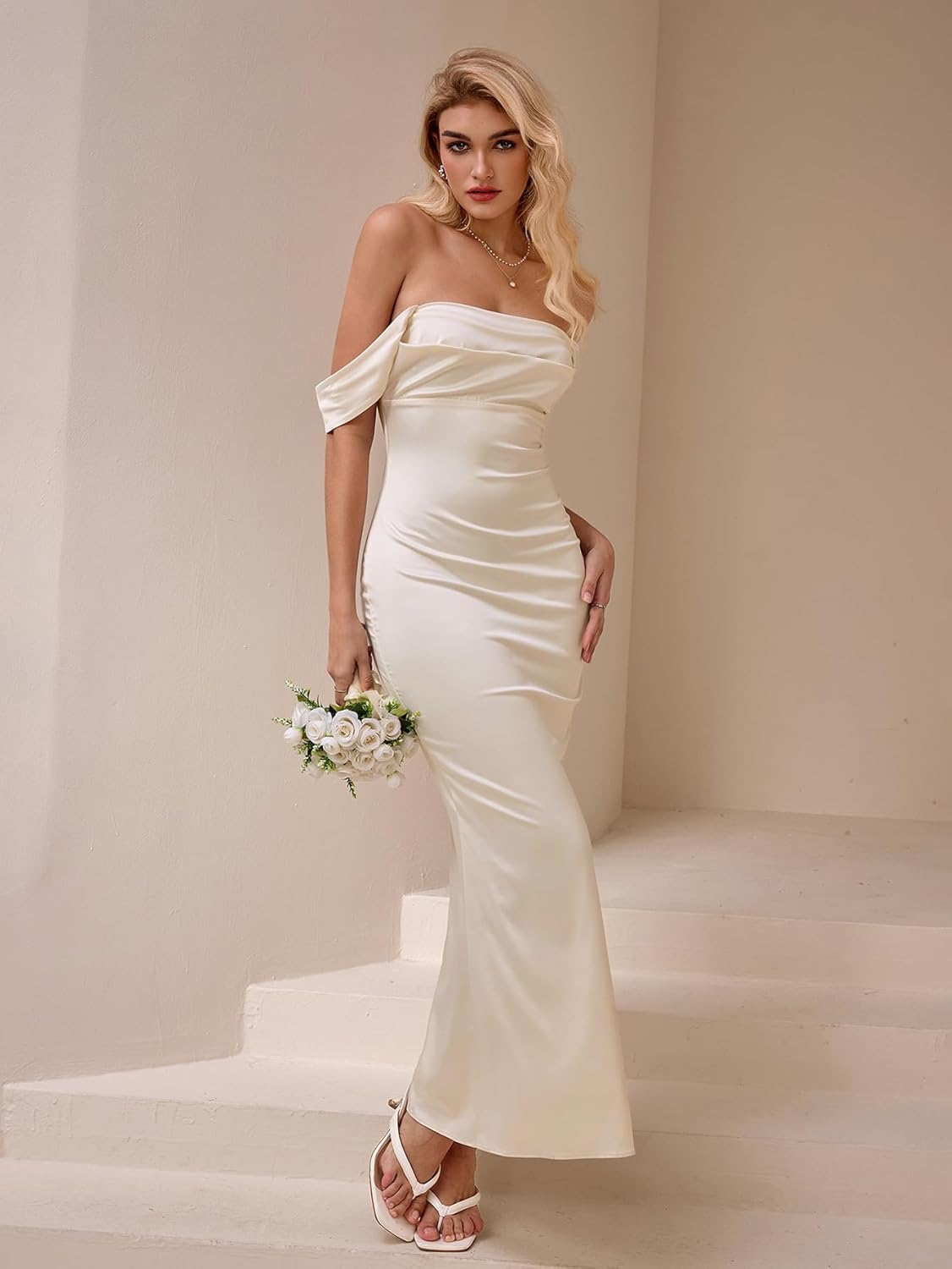 KUTUMAI Women Off Shoulder Satin Maxi Dress Elegant Ruched Bodycon Long Cocktail Formal Wedding Guest Dresses - Image 4