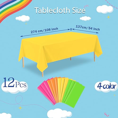 Vista 2 de Paquete de 12 manteles de color neón, manteles de plástico desechables de 54 x 108 pulgadas, mantel rectangular impermeable para picnic