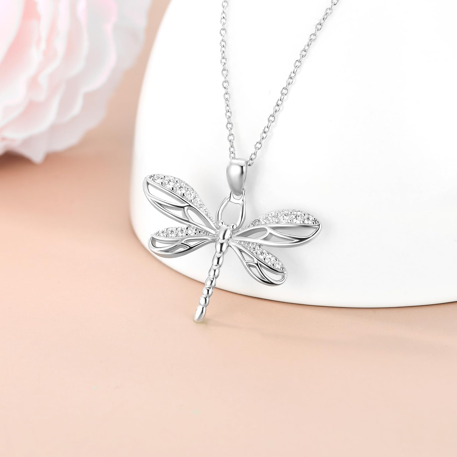 Dragonfly Necklace 925 Sterling Silver Created Opal Double Butterfly/Dragonfly Pendant Heart Valentine's Day Gifts for Women Lover - Image 3