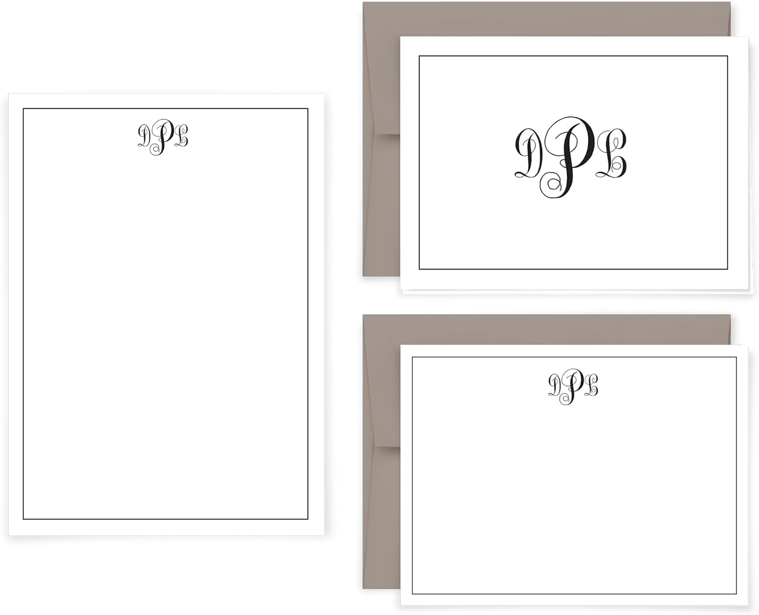 Complete Personalized Stationery Set – Flourish Monogram, Flat and Folded Note Cards Plus Notepad