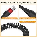 Coiled USB C à USB C Câble, 2 Cord de jeu de voiture Tepy C rétractable, enroulé USBC Câble automatique Android pour Galaxy S24/S23/S22, iPhone 15/16, Pixel 8, Une Plus 12, Moto G8 et CarPlay