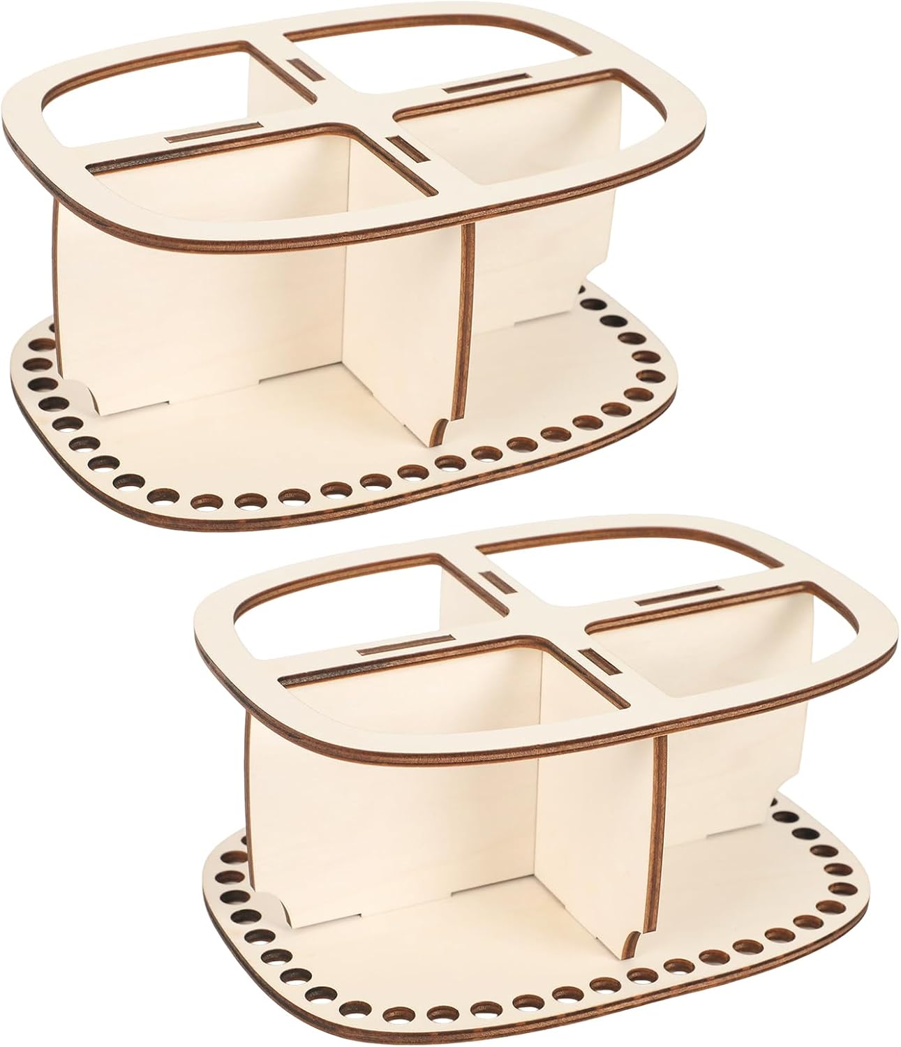 2pcs 9mm Hole Crochet Organizer Basket Base, HSSZXFR Rounded Rectangle Shape Wooden Basket Bottom with Divider and Lid, Four-Compartment Design, 20x15cm/7.8"x5.9", for DIY Basket Weaving Craft