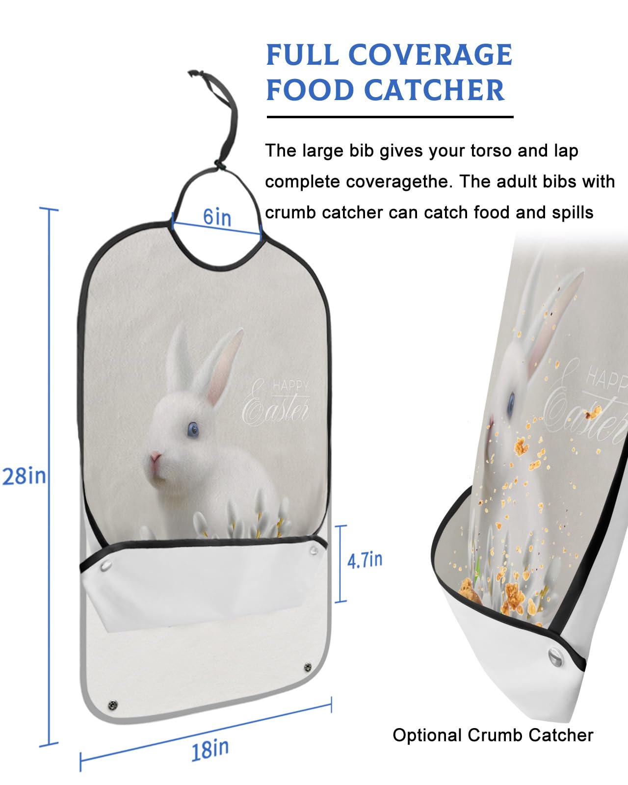 Spring Easter Adult Bibs for Eating, Waterproof Bibs with Food Catcher & Adjustable Snap Closure, White Bunny and Eggs Pink Flower Washable Clothing Protectors Adult Bibs for Elderly Women/Men