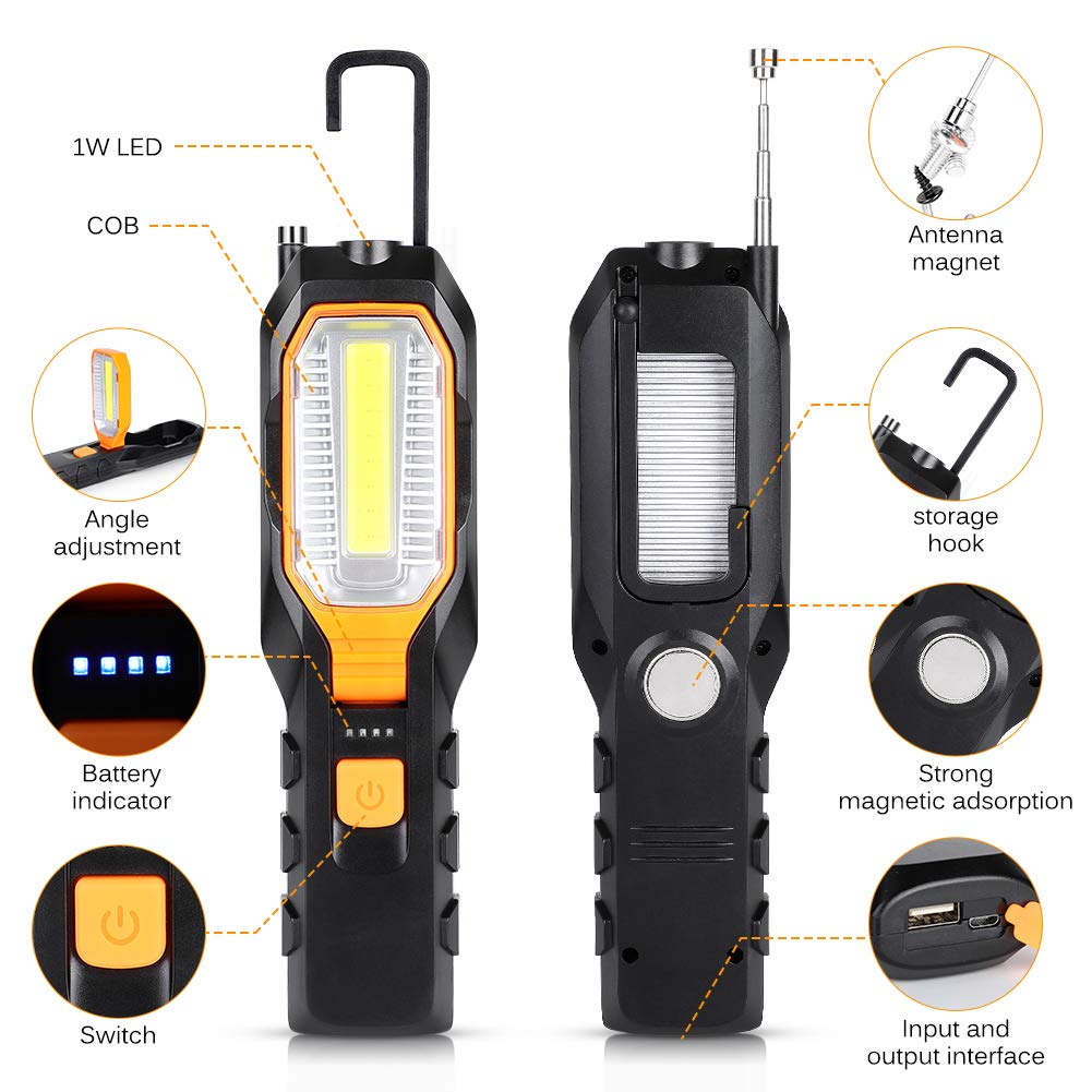 Haofy LED Work Light, luce di ispezione COB ricaricabile con 4 modalità Super Bright Worklight, Portable Handheld USB Torcia flashlight Lampada di lavoro magnetica girevole con magnete e gancio
