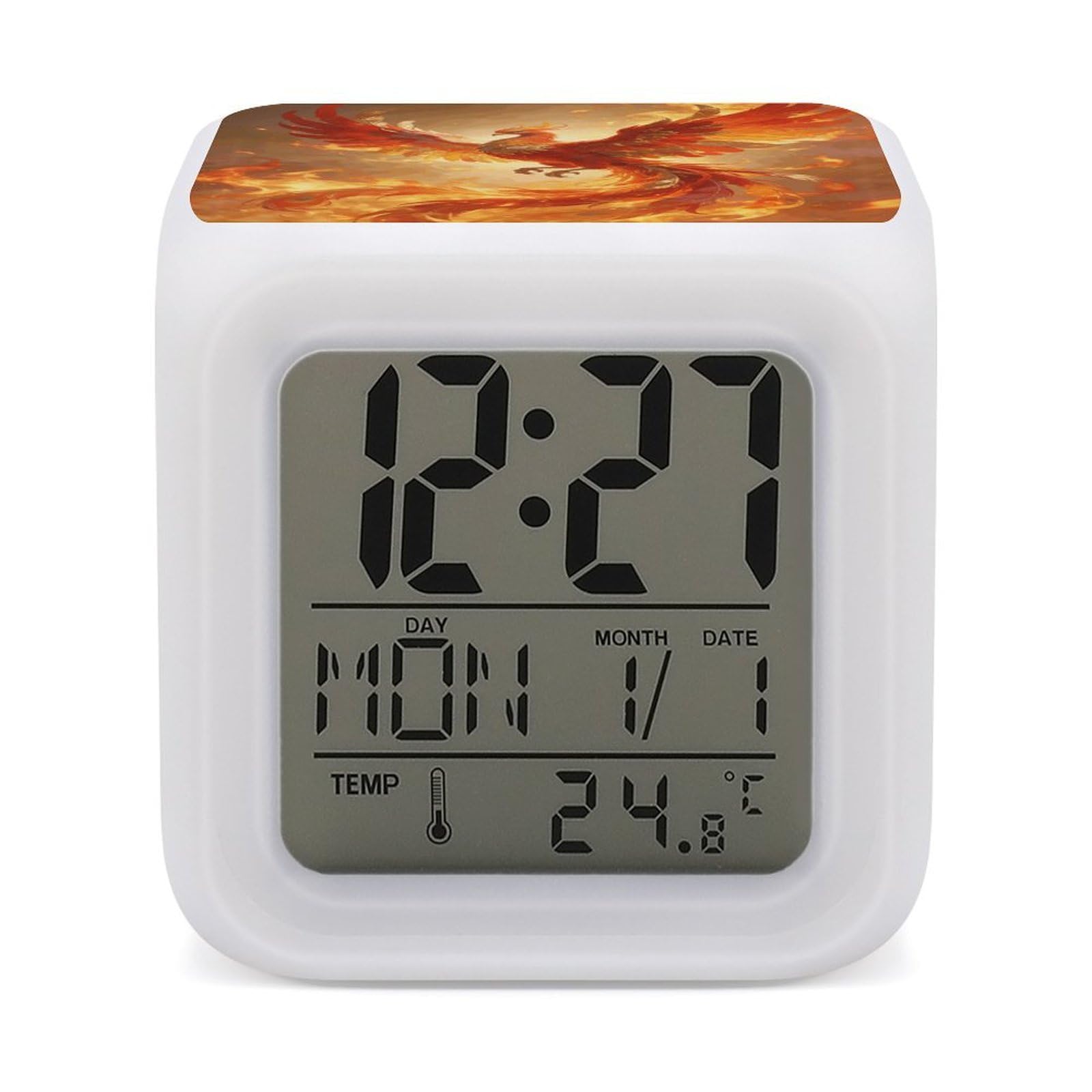 LZQPOEAS Phoenix Alarm Clock with 7 Color Changing Nightlight for Bedroom Calendar Temperature Display Wake Up Digital Clock Small Desk Clocks for Heavy Sleepers Adults