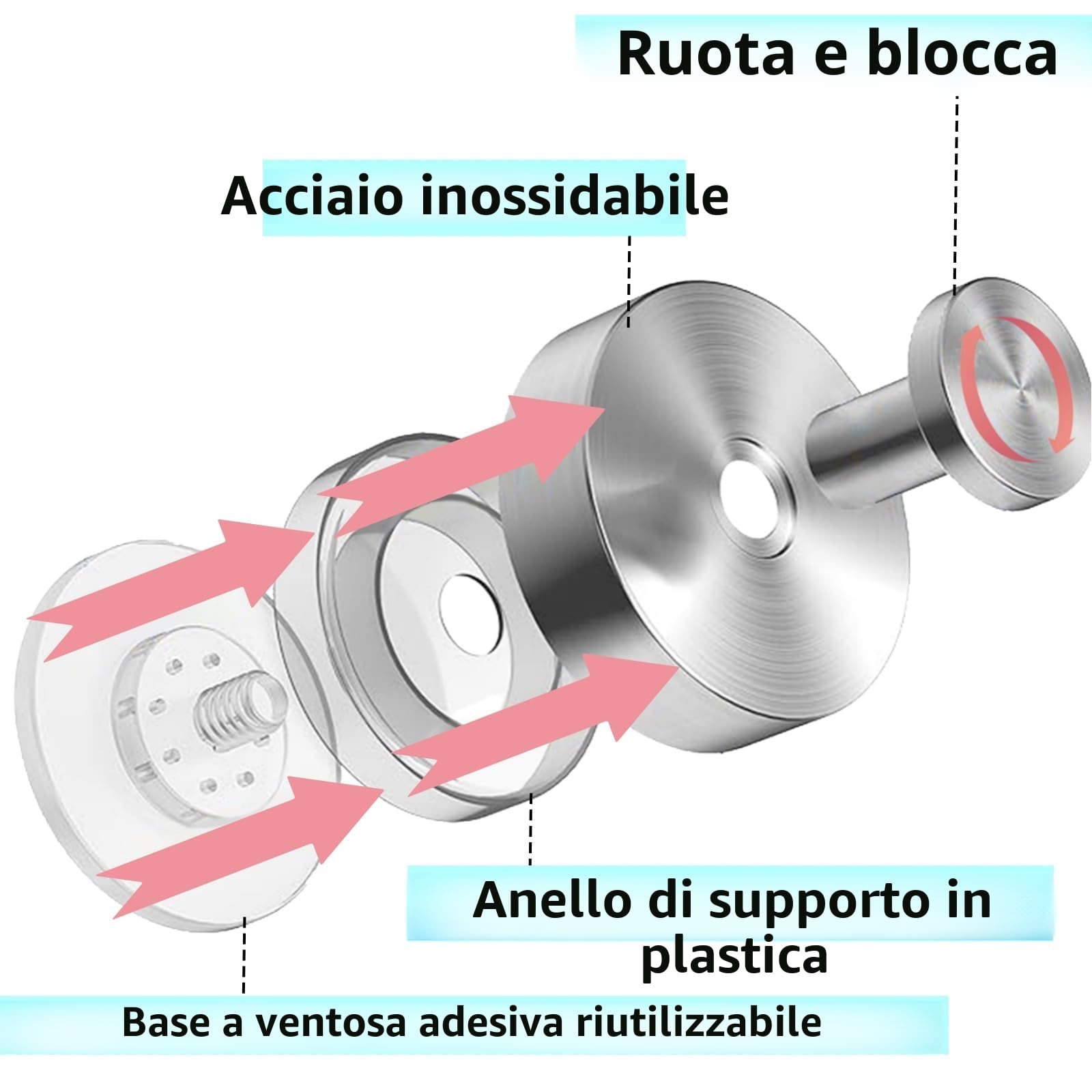 4 ganci a ventosa, ganci ventosa, rimovibili senza fori, ganci per asciugamani, in acciaio inox, per cucina, bagno, finestra liscia, vetro (argento)