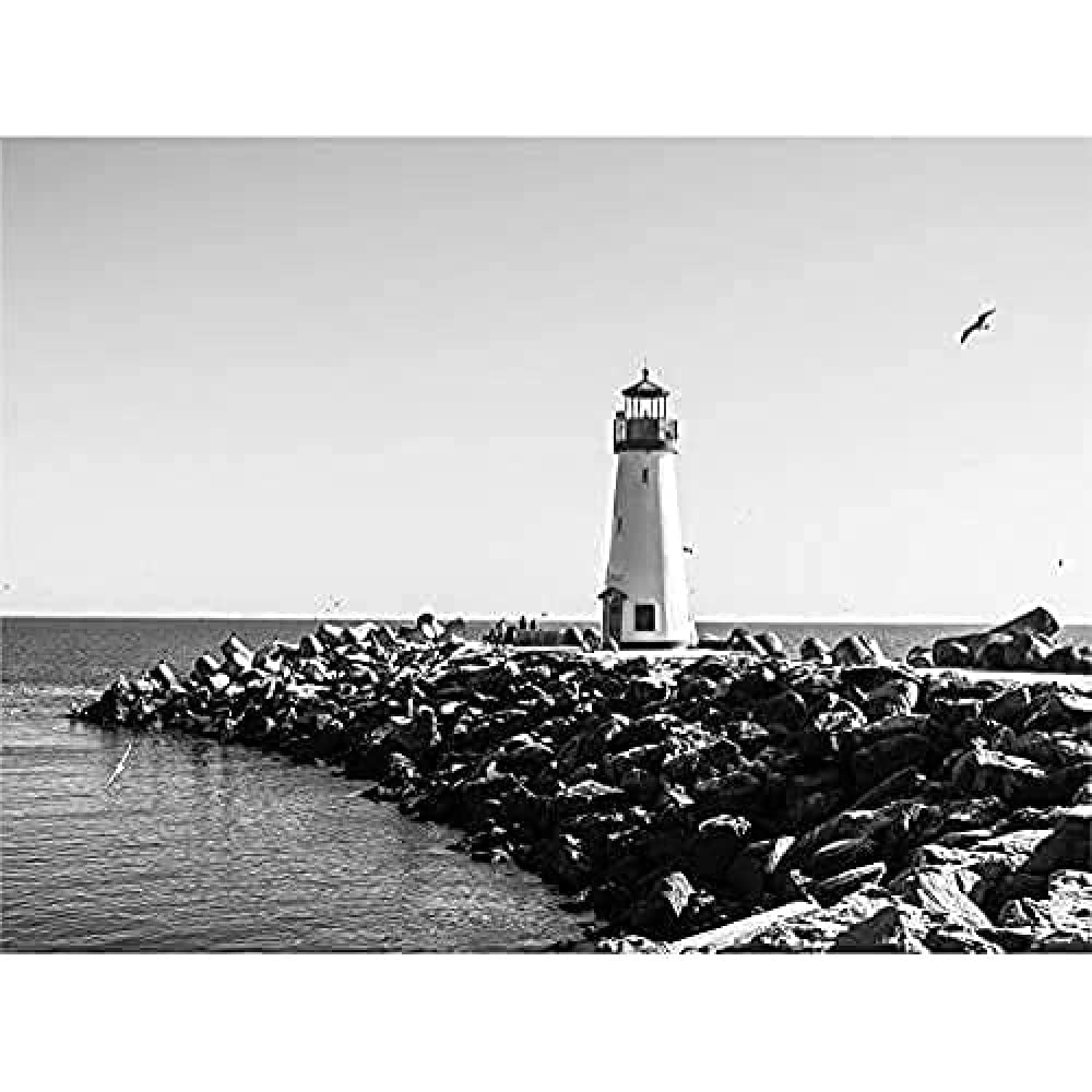 Lighthouse Rocks Ocean BW Living Room Home Wall Art Print
