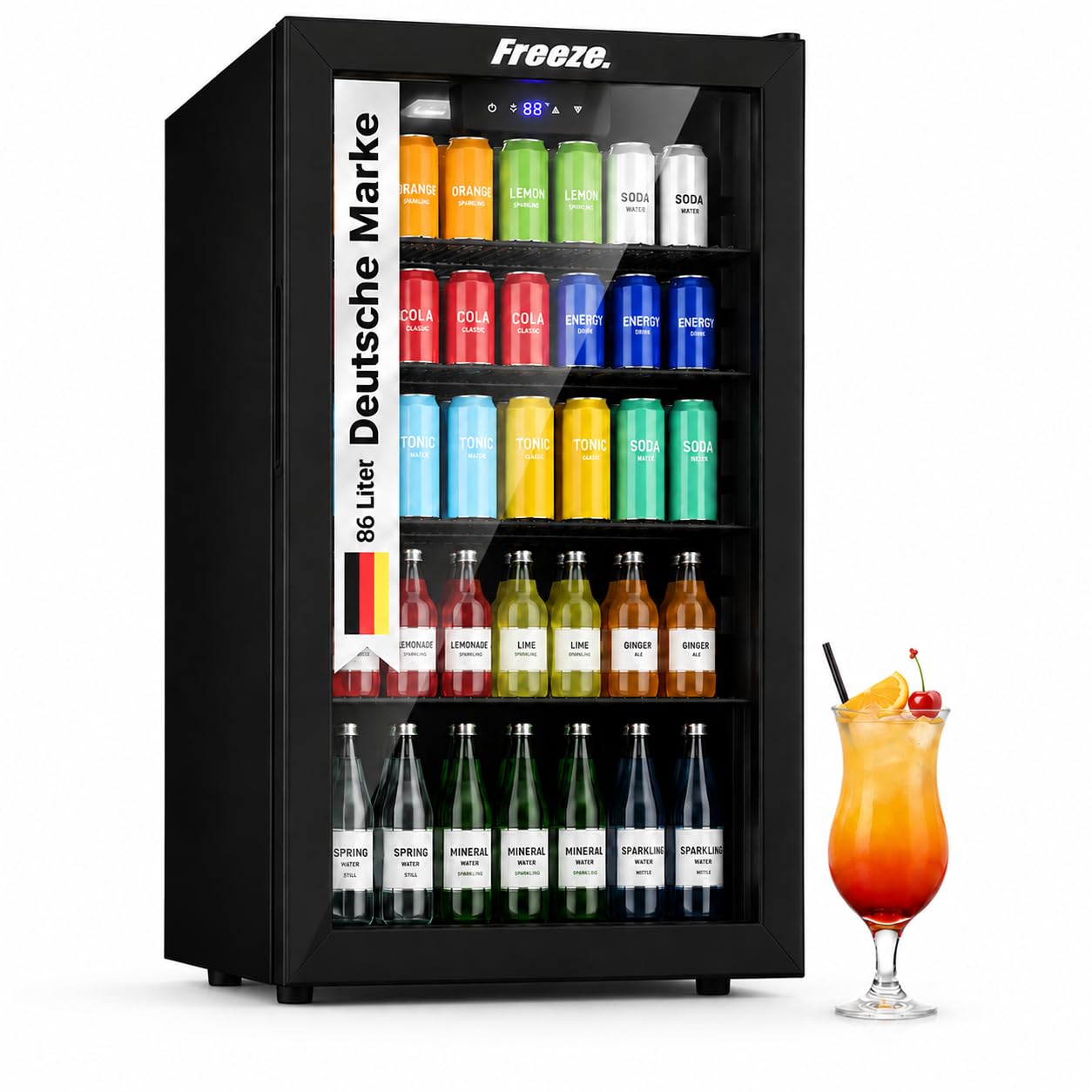 FREEZE. NinetyB+ 86L Getränkekühlschrank, Mini-Kühlschrank für 126 Dosen, Glastürkühlschrank, Weinkühler, kleiner Kühlschrank mit Glastür und verstellbaren Regalen, frostfrei, Schwarz