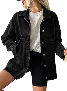 Womens Denim Jacket Casual Long Sleeve Drop Shoulder Button Front Jean J...