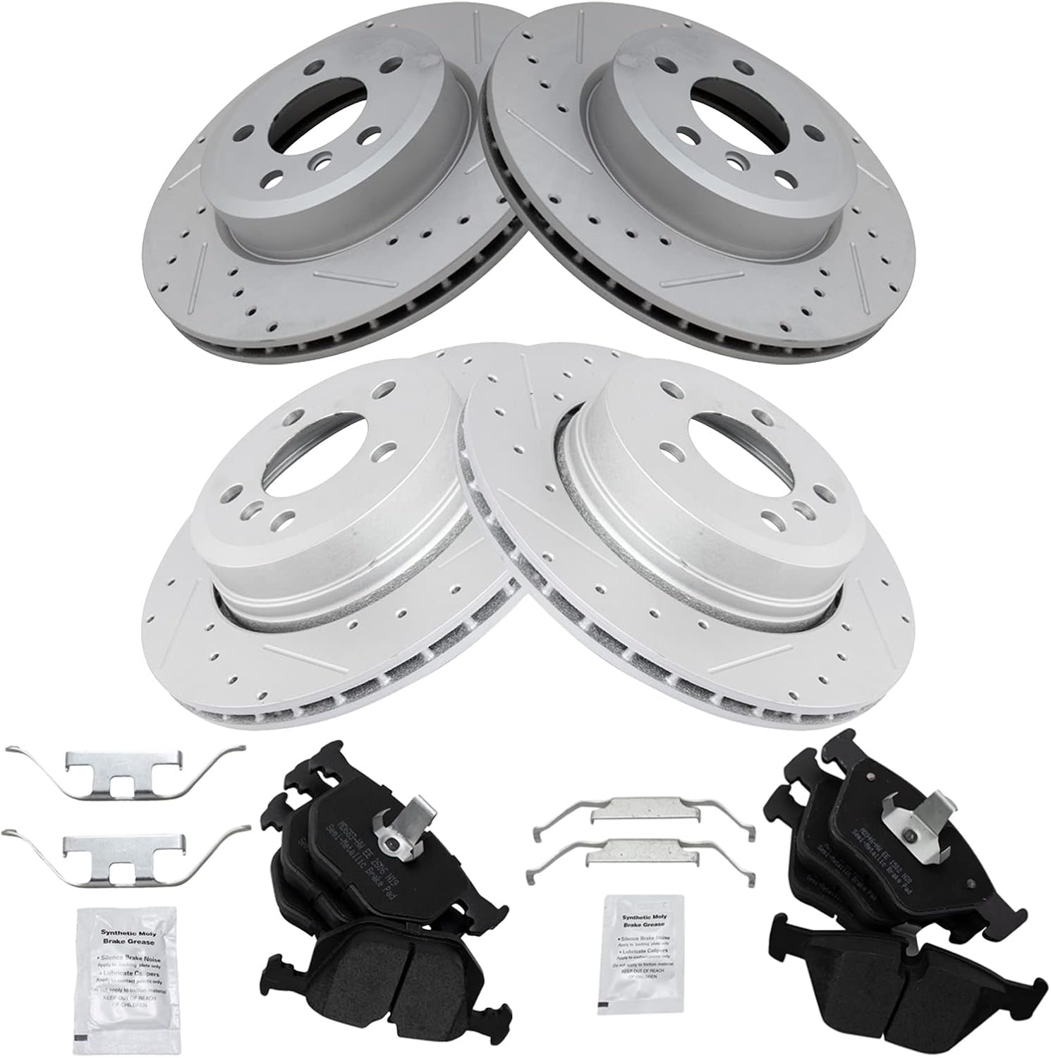 TRQ Front and Rear Performance Brake Pad & Rotor Kit Brake Pads Brake Rotors Set Semi-Metallic Premium G-Coated Compatible with 2004-2010 BMW X3