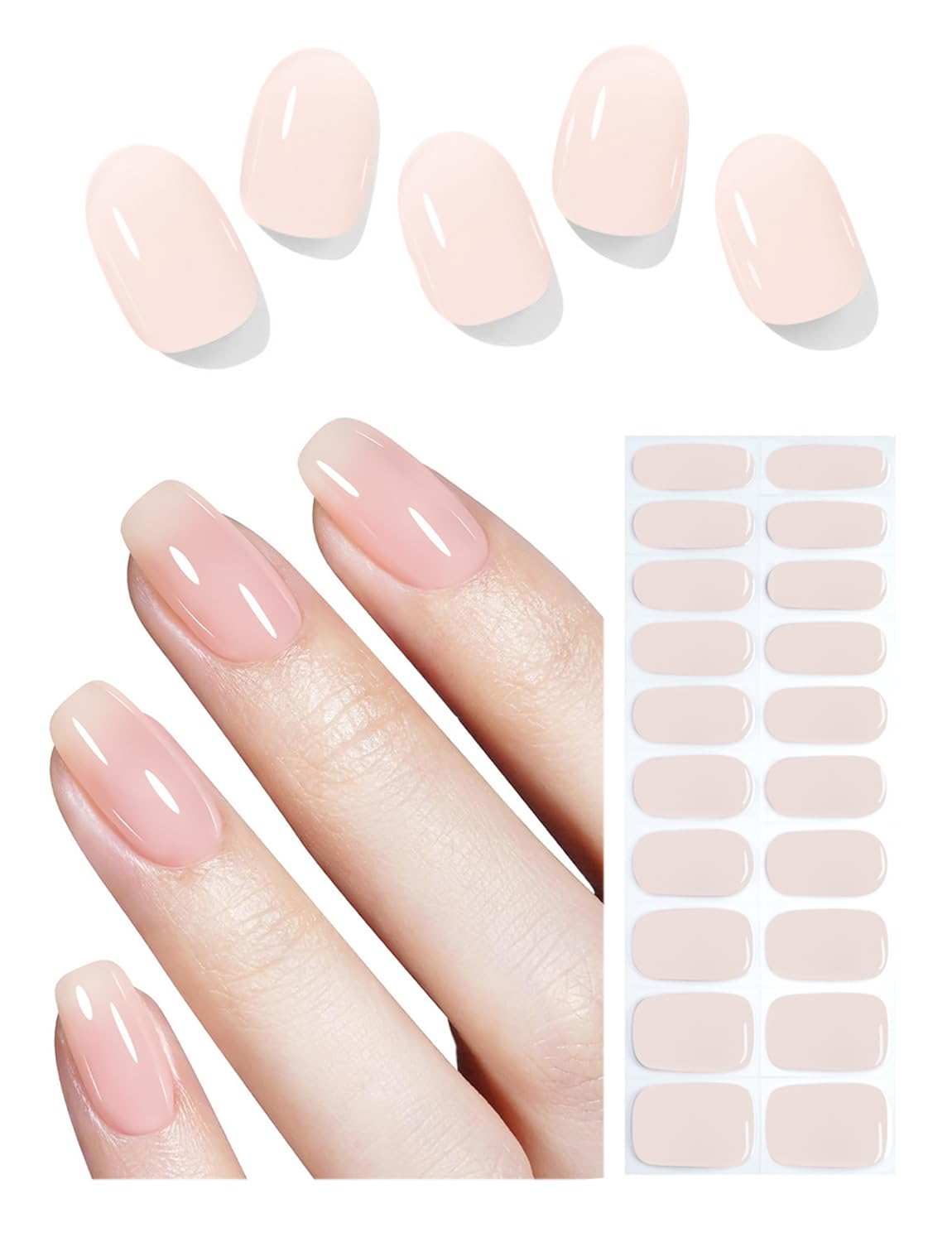 Wahrshei Semi Cured Gel Nail Strips, Natural Color, Jelly Nude, Easy to Use and Remove, 20pcs Gel Nails Sticker for Home Nails DIY