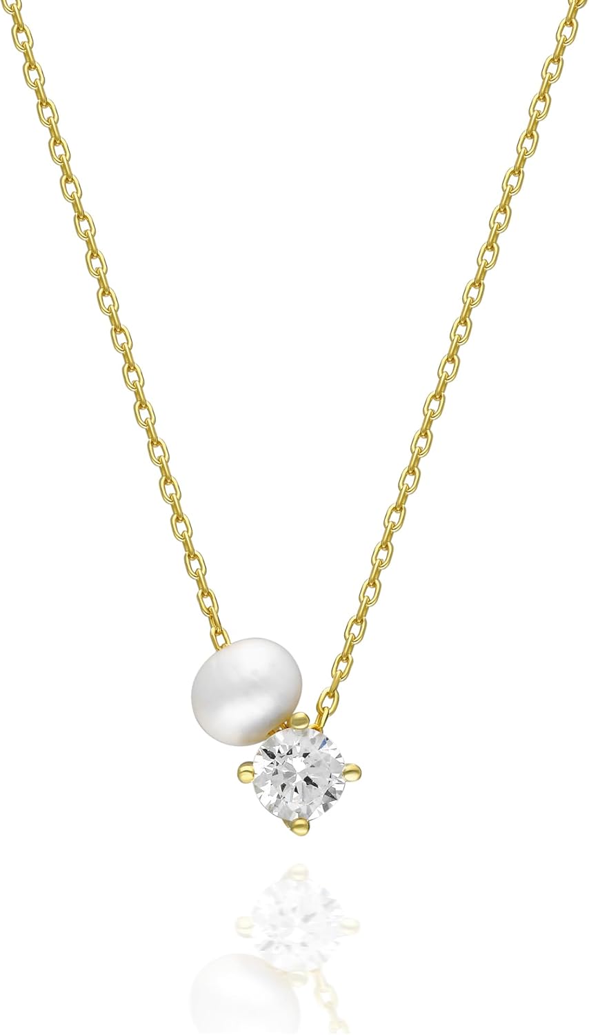 Pearl Necklaces for Women – Dainty Single Pearl Necklace Gold Rose Silver, Solitaire Gemstone Pendant, Natural Freshwater Pearls, 925 Sterling Women's Simple Jewelry