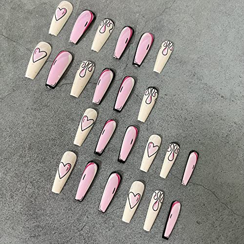 Pink Heart Press On Nails Long Coffin False Nails With Designs Full Cover Stick On Nails Comic 2D Valentines Day Glue On Nails Matte Acrylic Artificial Nails Diy Fake Nails For Women Girls #TOP1